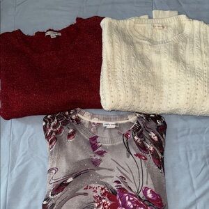 Women's Sweater Trio - Deep Red, Cream, and Gray Floral